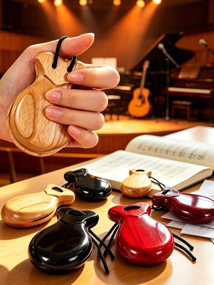 Spanish Wooden Flamenco Castanets, Traditional Flamenco Musical Instrument For Adults, With Hanging Rope, Suitable For Dance Performance And Music Education, Spanish Souvenir Gift, Wooden Percussion Instrument For Beginners, Comes With Exquisite Gift Bag - Multicolor - View 1