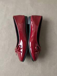Fashionable Burgundy Patent Leather Ballet Flats With Bow Decor, Women's Square Toe Shoes, Suitable For Parties, Evening Events And Daily Wear - Red - View 4