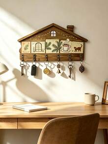 1pc Creative Wooden Cottage Stamp Key Hook, Wall-Mounted Entryway Storage Rack With 6 Hooks, Can Hang Keys, Bracelets, Masks And Small Items, American Vintage Farmhouse Style Home Decor, Warm Home Gift, Suitable For Family And Friends - View 5