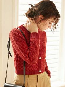 Knit Mix 優雅女款針織開襟衫 法式時尚休閒上衣 多功能法式風格 秋冬長袖圓領毛衣外套 - 紅色 - 查看 5