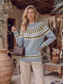 NiceArt Women's Autumn/Winter Vintage Faux Collar Tweed Geometric Pattern Loose Sweater, Blended Wool Material, Suitable For Autumn Outfits, Office, Halloween - Blue - View 4