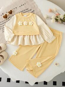Autumn/Winter Baby Girl Cute Stylish Cream 3D Floral Long Sleeve Set & Plaid Patchwork 2 In 1 Top With Drapey Ribbed Flare Pants Casual Outfit - Yellow - View 1