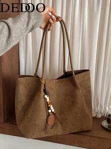 Dedoo Tas Tote Kapasitas Besar Mirip Suede, Dua Pegangan Tanpa Liontin, Tas Bahu Santai Bergaya Vintage untuk Wanita, Cocok untuk Perjalanan Musim Gugur dan Musim Dingin - Coklat - View 3
