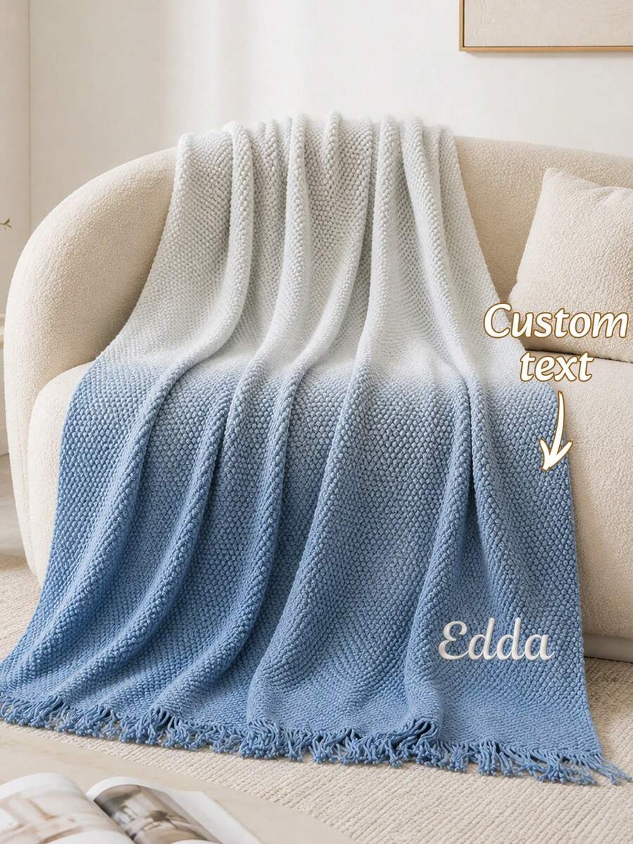 1PC Customizable Text Embroidered Gradient‑Tone Knit Blanket, Ombre‑Dyed Textured Throw Blanket In 4 Available Hues, Finished With Tassel Fringe Border, Decor Item For Bedroom Couch Sofa, Suitable Holiday Gift For Various Household Family Members