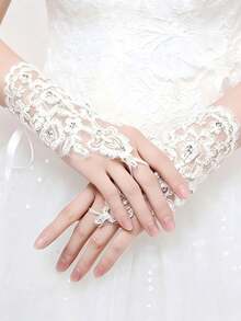 1 Pair White Short Rhinestone Lace Fingerless Gloves, Bridal Embroidered Lace Gloves With Ties, Elegant Accessory For Wedding, Banquet, Party, Performance, Birthday, Holiday Events - Multicolor - View 1