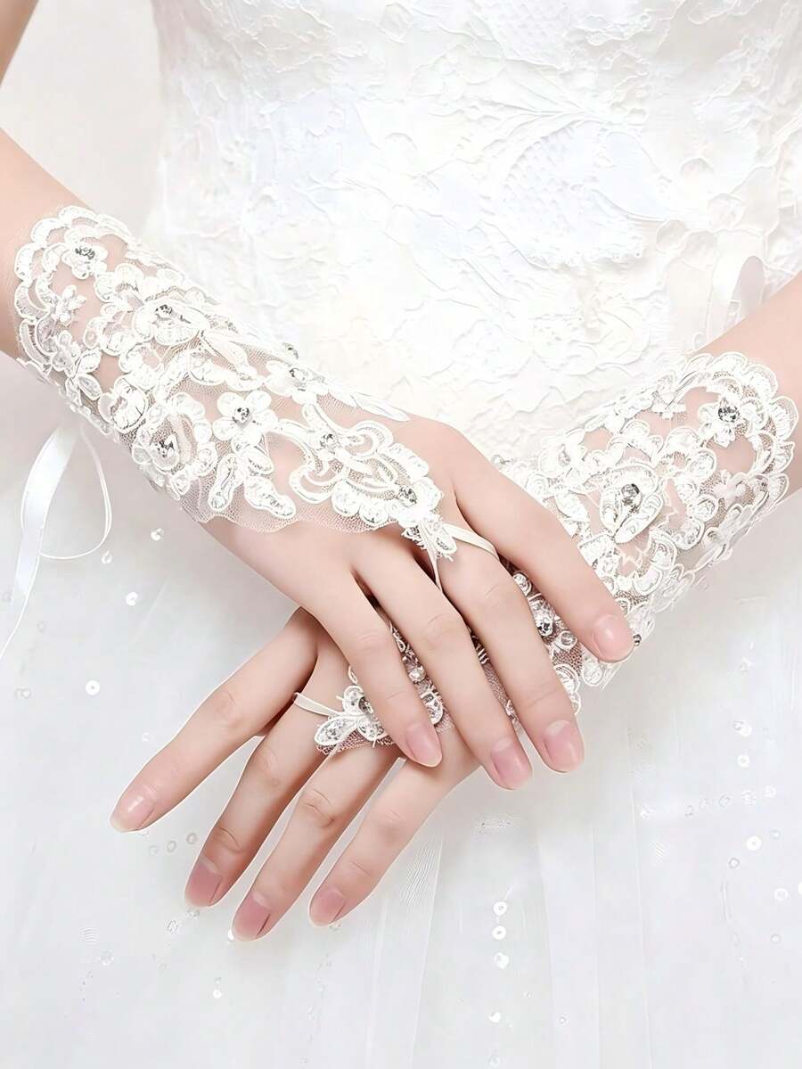 1 Pair White Short Rhinestone Lace Fingerless Gloves, Bridal Embroidered Lace Gloves With Ties, Elegant Accessory For Wedding, Banquet, Party, Performance, Birthday, Holiday Events - Multicolor - View 1