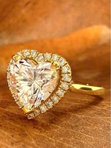1 Pc Women's Gold Tone Heart‑Shaped Cubic Zirconia Halo Ring, Suitable For Wedding, Party Wear, Valentine's Day Gift. No Box. - Gold - View 6