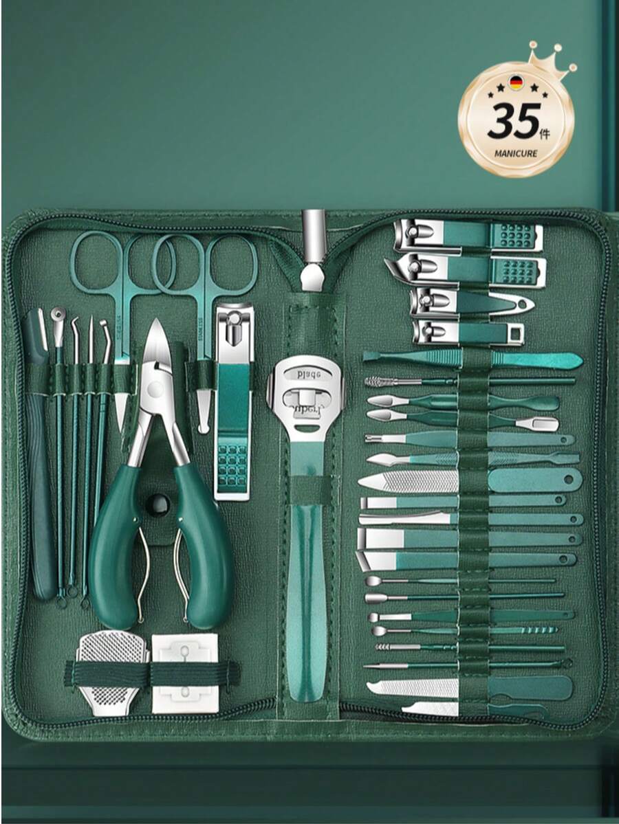 [7-35pcs Nail Care Set] Professional Stainless Steel Nail Care Set With Portable Travel Storage Box | Includes Nail Clippers, Cuticle Scissors And Nail Files | Suitable For Home And Travel Use Foot Care Tools, Nail Decoration - Dark Green - View 1