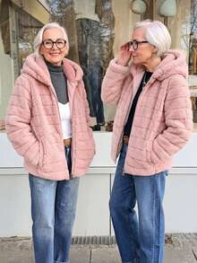 Women's Faux Fur Hooded Pocket Jacket - Perfect Choice For Autumn/Winter - Pink - View 7
