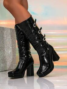 Women's Elegant Mid-Calf Boots, Black Oil Leather Upper With Chunky Heel And Thick Sole, Square Toe Platform Elastic Mid-Calf Boot Design, Suitable For Parties, Commuting, Office, Autumn/Winter Daily Wear - Black - View 2