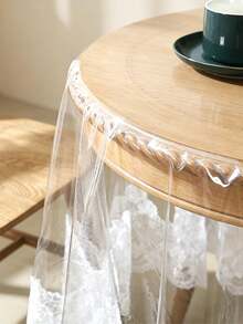 1pc Transparent Round PVC Tablecloth With White Floral Lace Trim, Waterproof Easy-To-Clean Table Mat, Home Dining Table Decor - White - View 5