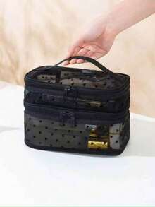 1pc Mesh Makeup Bag Double Layer Heart Pattern Large Capacity Storage Bag Fashion Toiletry Cosmetic Bag - Black - View 5
