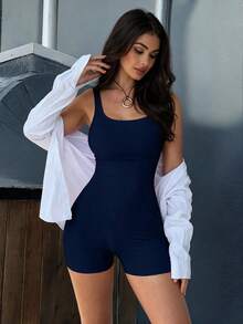 Mystra Solid Color Square Neck Sleeveless Short Jumpsuit, Women's Sexy Backless Slimming Elastic Tight Bodysuit, Casual Daily Hot Girl Style Romper - Navy Blue - View 1