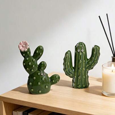 2pcs Vintage Green Ceramic Cactus Storage Decor - Jewelry Organizer + Decorative Ornament, Minimalist Ins Style Desktop Soft Decoration, Easy To Clean, Suitable For Multiple Spaces, Popular Home Storage Item, Personalized Desktop Decor Accessory, Multi-Scene Small Item Organizer