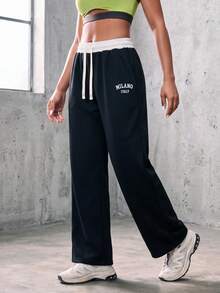 Knot & Curve Women's Long Pants Spring/Autumn Colorblock Waistband Letter Embroidery Sweatpants Drawstring Elastic Waist Retro Straight Leg Loose Sports Pants - Black - View 2