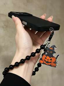 Halloween Black Cat & Pumpkin Phone Charm Strap, Cute Spooky Ghost Beaded Phone Lanyard, Gothic Black Wristlet - Multicolor - View 6