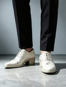 QRLQRL Men's Patchwork Lace-Up Dress Shoes With Artistic Textured Upper And Square Chunky Heel, Suitable For Spring/Autumn, Business Occasions, Gatherings And Short Trips - White - View 4