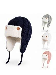 Toddler Children Baby Winter Knitted Aviator Hat Warm Lining Cute Woolen Hat Unisex - Cable-knit Lei Feng Cap - View 2