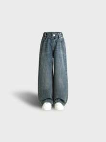 Love Baby 8-11Years Tween Boy Vintage Style Light Wash Wide Leg Jeans, New Sand-Washed Distressed Wash Process, Elastic Waistband, Adjustable Fit, No Zipper Design, Loose Fit Wide Leg Classic Versatile Denim Pants, Suitable For All Seasons - Light Wash - View 10