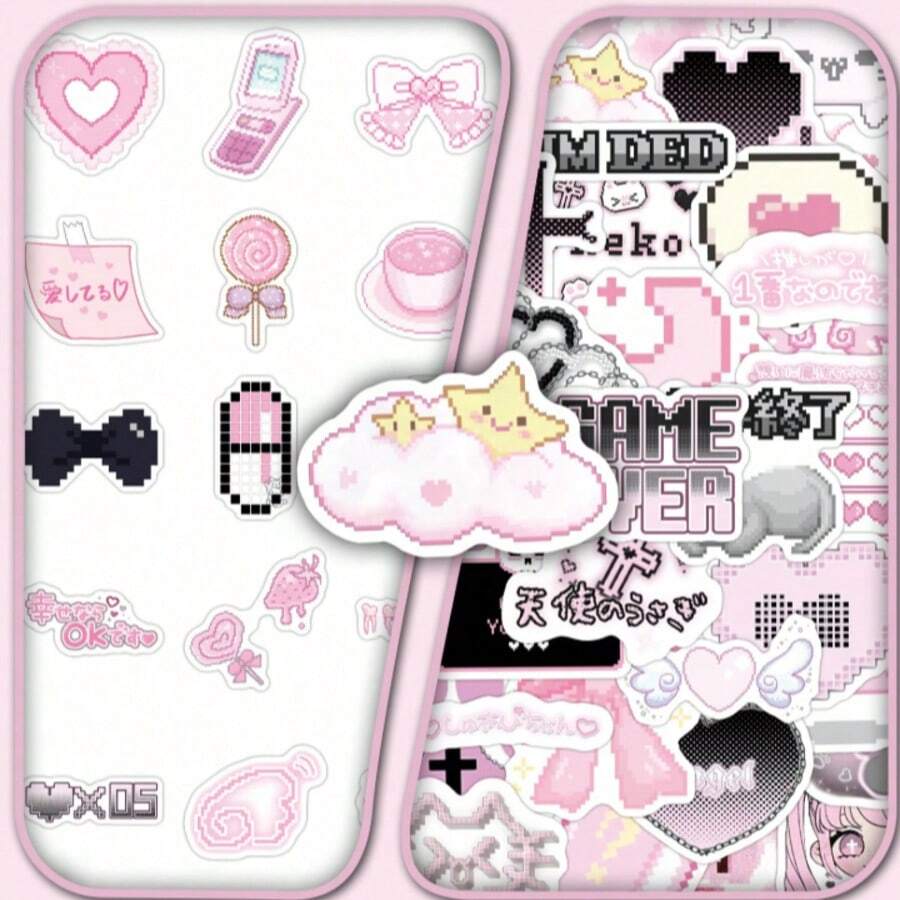 50pcs Black & Pink Japanese Ins Style Cartoon Cute Girl Heart Creative Decorative Notebook Storage Box Guka Stickers - Multicolor - View 1