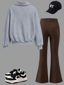 2pcs/Set Teen Girls Half-Zip Sweatshirt With Heart Print And Simple Casual Flare Pants, Autumn/Winter Fashion Outfit - Grey - View 3