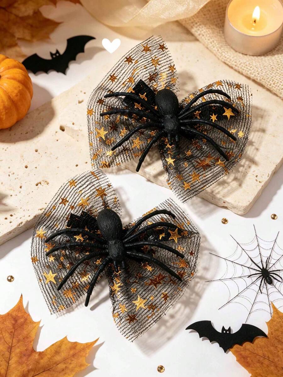 2pcs Halloween Spider Decor Gold Star Tulle Bows Alligator Clips Cosplay Costume Photo Prop Party Daily Hair Clips Kids Hair Accessories - Black - View 1