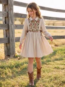 Tween Girls Tween Girl Long Sleeve Dress, Autumn/Winter, Apricot Floral Embroidered Fabric Patchwork Faux Two Pieces Design, Back Waist A-Line Bow, Cute Pastoral Casual Vacation Street Daily Outfit - Multicolor - View 2