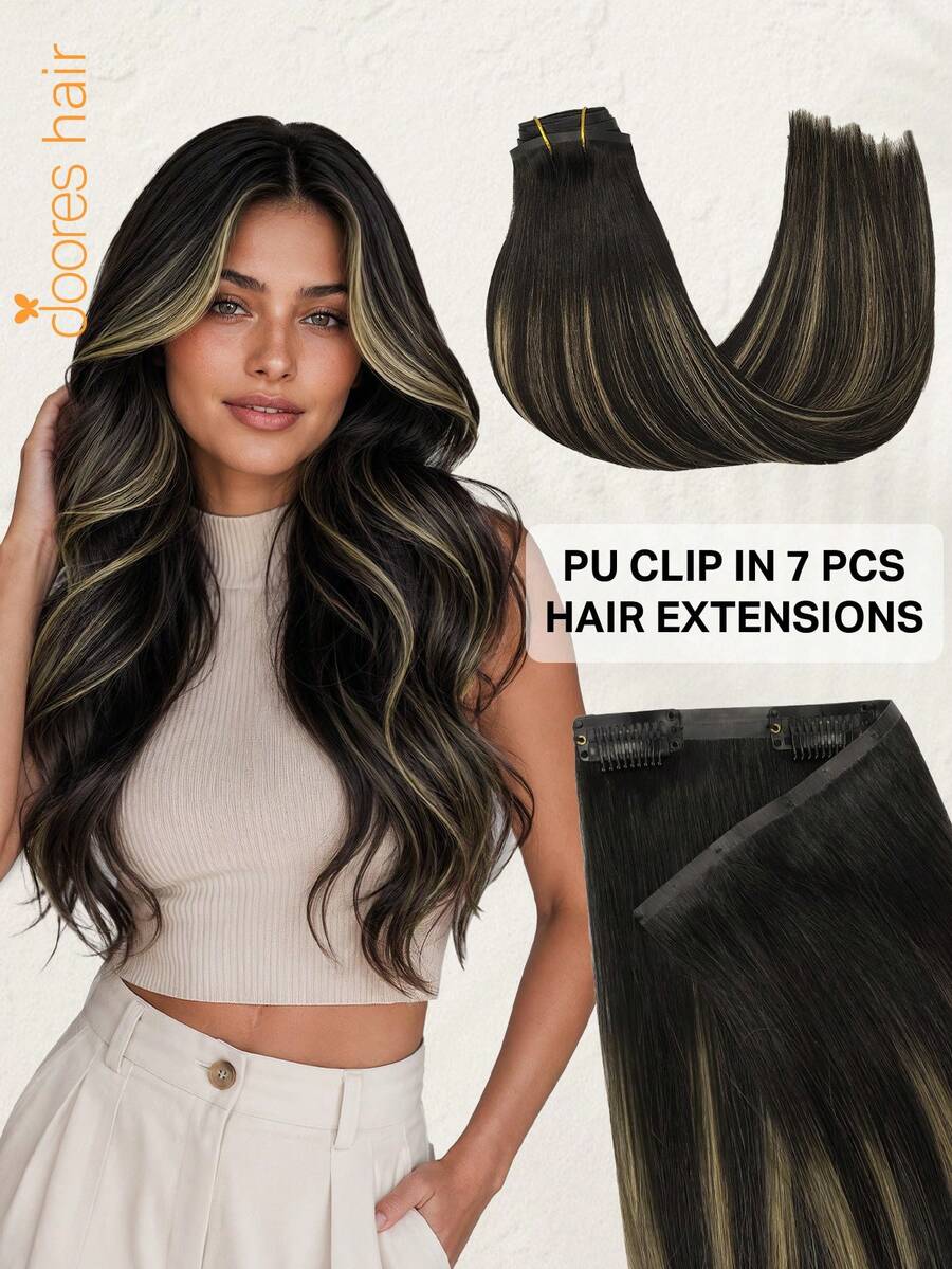 DOORES Ekstensi Rambut Jepit Tanpa Sambungan 14-24 Inci, 130g-160g 7pcs Rambut Manusia Asli, Tenunan Kulit PU Tak Terlihat, Hitam Alami Hingga Cokelat Muda, Rambut Lurus Remy Alami, Mudah Dipakai & Ditata - S1B/19/1B - View 1