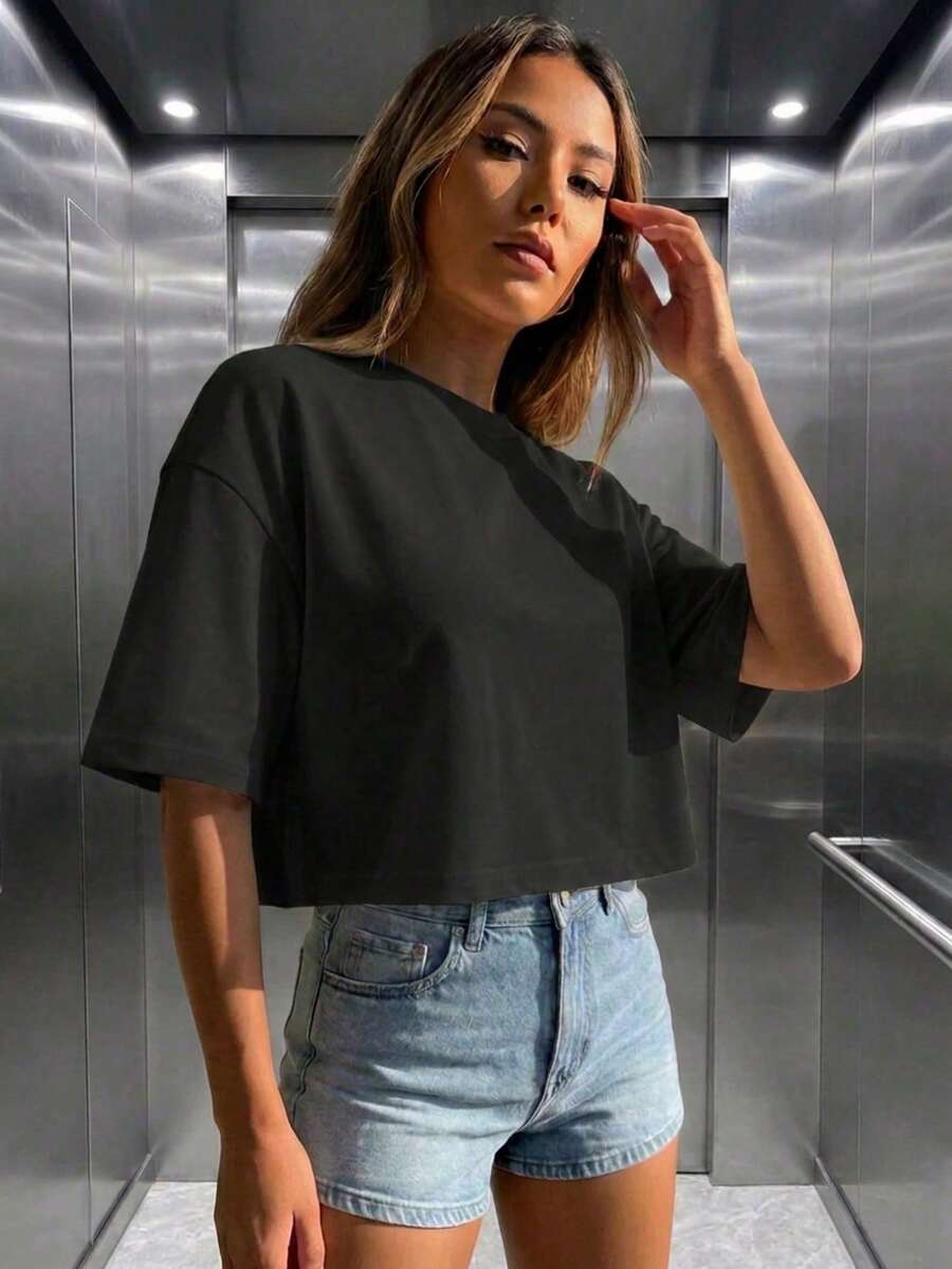 Women's Loose Round Neck Short Sleeve Casual Top Black Summer