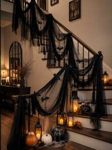 2pcs Halloween Black Mesh Spider Web Decor, Gothic Party Supplies, Haunted House, Club, Indoor Outdoor Yard Home Wall Decoration - Multicolor - View 1