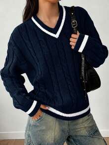 1pc Girls Casual Versatile Comfortable V-Neck Outdoor Commute Party Top, Autumn/Winter - Navy Blue - View 11