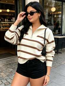 Plus Size Women's Autumn/Winter New Zipper Striped Knit Sweater, Fashion High-End Minimalist Pullover, Versatile Brown Fall - Brown - View 7
