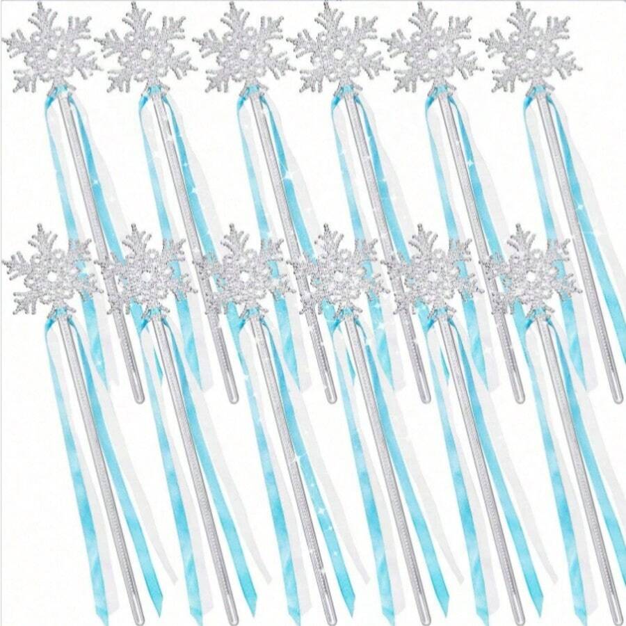 6/12/24pcs Elegant Silver Snowflake Magic Wands With Blue Ribbons, Winter Princess Magic Wands, Plastic Material, Suitable For Theme Party Decoration, Winter Theme Party Decoration, Durable Plastic Snowflake Decoration Sticks - A - View 1