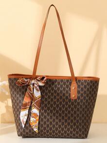Fashionable Retro Letter Print Women's Tote Bag, Zipper Closure Large Capacity Shoulder Bag, Scarf Bowknot Decoration, Suitable For Work, Shopping And Daily Use - Brown - View 2