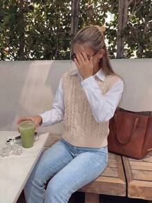 NZZOF Casual Versatile Solid Color V-Neck Knit Vest - Apricot - View 3