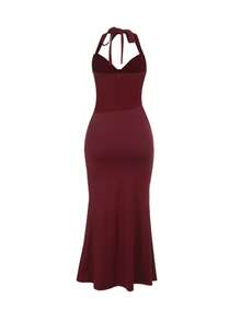 Autumn Solid Color Halter Neck Slim Fit V-Neck Dress, Elegant Women's Dress For Party And Date - Burgundy - View 11