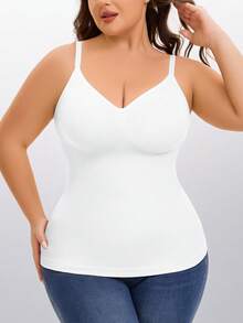 1pc Women Plus Size Solid Color Wireless Adjustable Strap Camisole Undershirt - White - View 7