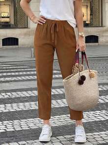 Jisfaneya Women's Solid-Color Drawstring Casual Straight-Leg Pants With Pockets Brown - Brown - View 8