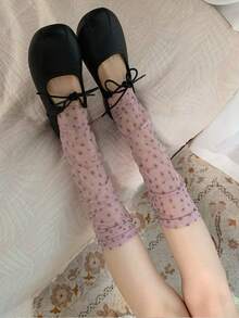 1/2 Pairs Korean Sweet Girl Style Mesh Floral Ruffle Leg Warmers, Japanese Girly Style Sheer Floral Leg Sleeves - Multicolor - View 7