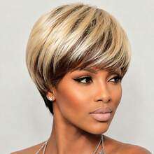 AMECIRE Wig Rambut Manusia Pendek Lurus Berlapis Model Pixie Cut untuk Wanita dengan Poni, Rambut Lurus, Cocok untuk Liburan/Pesta dan Penggunaan Sehari-hari - S4/27 - View 3