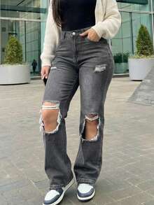 Women's Vintage Loose Button Distressed Pocket Denim Jeans - Dark Grey - View 4