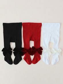 3 Pairs Girls' All-Season Tight Striped Tights With Bow Decoration, Children's Base Layer Tights Suitable For Girls' Autumn Daily Wear - Multicolor - View 9