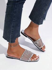 1 Pair Solid Color Fashion Hollow Silver Flat Sandals, Vacation Autumn/Winter Casual Comfortable Slip-On - Silver - View 2