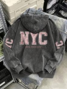 Women's Vintage-Style Raw-Edge Hoodie Featuring "NYC" Lettering And American Collegiate Aesthetics, With Prints On The Back And Sleeves. - Black - View 3