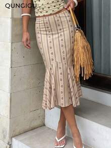 Women Casual Striped Midi Skirt Mermaid Hem For Fall Winter Travel Going Out Dating - Beige - View 3