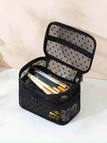 1pc Mesh Makeup Bag Double Layer Heart Pattern Large Capacity Storage Bag Fashion Toiletry Cosmetic Bag - Black - View 2