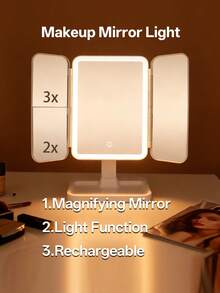 1pc LED Illuminated Makeup Mirror, 2x/3x Magnifying Tri-Fold Vanity Mirror, Rechargeable Touch Control Cosmetic Mirror With Base, Portable Bedroom Travel Makeup Mirror, Light, Makeup Highlight, Mirror, Mirror Light, Vanity Light, Facial Lighting, Mirror Lighting, Suitable For Daily Makeup On Vanity, 800mAh - 3-in-1 Makeup Mirror Light - View 3
