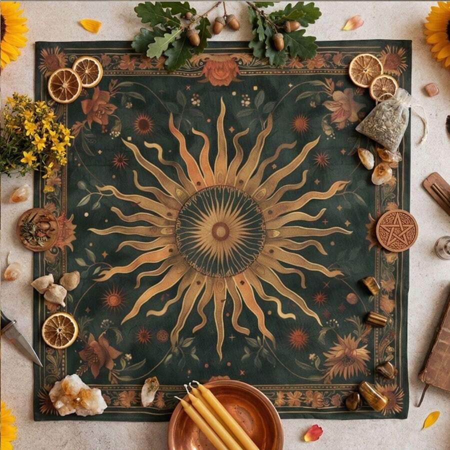 1 buah Kain Tarot Motif Bunga Matahari Vintage, Alas Altar Hijau Retro, Taplak Meja Ramalan Surgawi Boho, Permadani Dekorasi Spiritual Wiccan untuk Pembacaan Tarot - MultiWarna - View 1