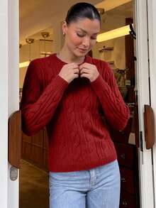 NZZOF Solid Color Knitted Casual Minimalist Slim Fit Versatile Pullover Sweater - Red - View 4