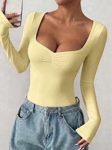 imisic Sexy V-Neck Ruffle Collar Long Sleeve Bodycon Dress For Women. The Collar Is Designed In A Deep V-Shape. This Is A Basic Form-Fitting Style, Suitable For Outdoor Wear, And Also Has A Slimming Effect. This Is A Tight-Fitting V-Neck Long Sleeve Dress, Suitable For Sports, Home Use And Daily Activities. - Yellow - View 6